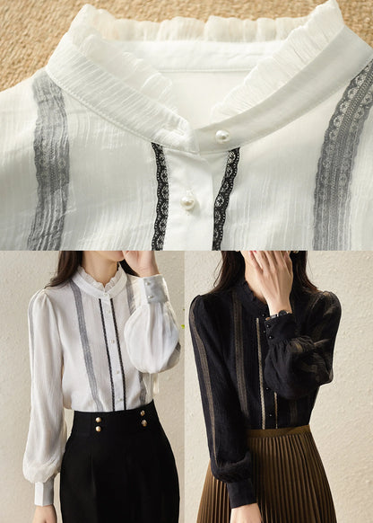 Black Stand Collar Striped Patchwork Chiffon Shirts Long Sleeve