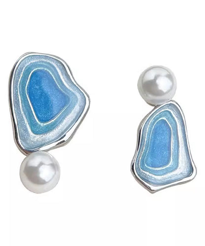 Style Blue Sterling Silver Pearl Drip Glaze Enamel Asymmetrical Stud Earrings