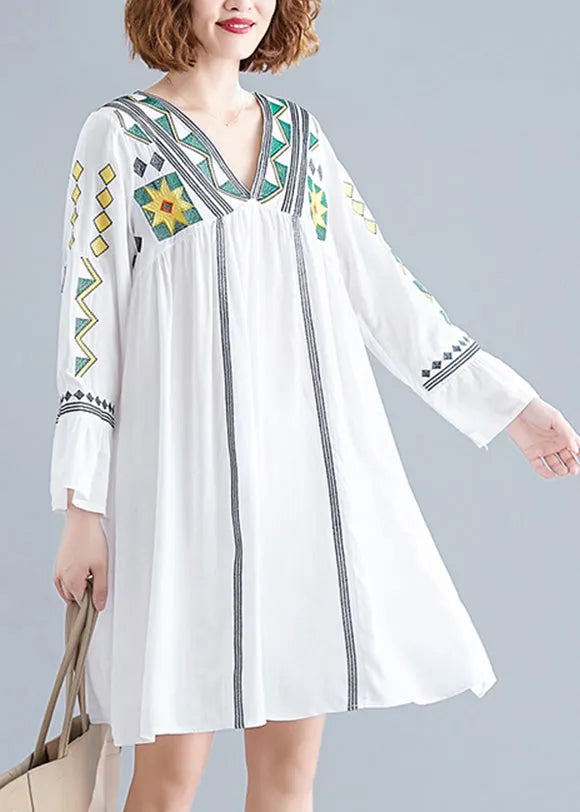 White Embroideried Vacation Dress Long Sleeve