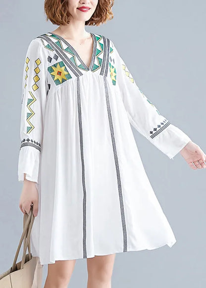 White Embroideried Vacation Dress Long Sleeve