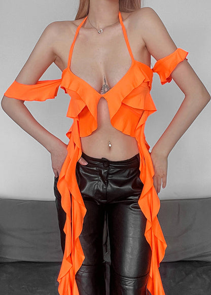 Orange Backless Cotton Tank V Neck Summer