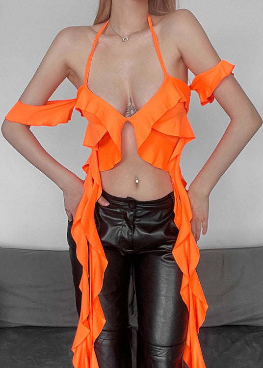 Orange Backless Cotton Tank V Neck Summer