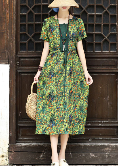Green Square Collar Tie Waist Patchwork Fake Two Piece Dresses Short Sleeve