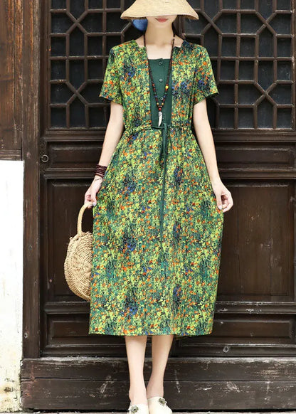 Green Square Collar Tie Waist Patchwork Fake Two Piece Dresses Short Sleeve