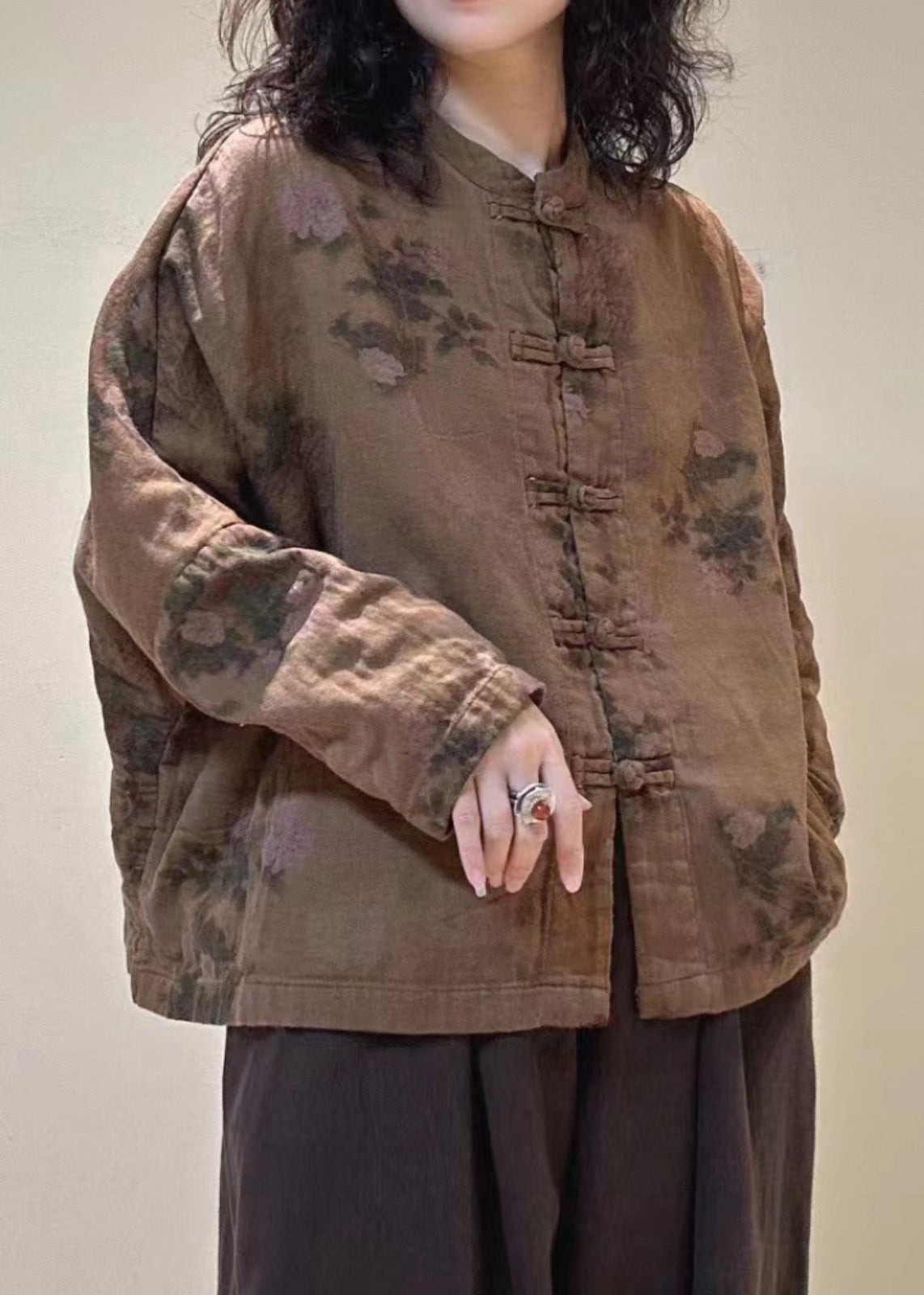Mulberry Stand Collar Print Chinese Button Linen Blouses Spring