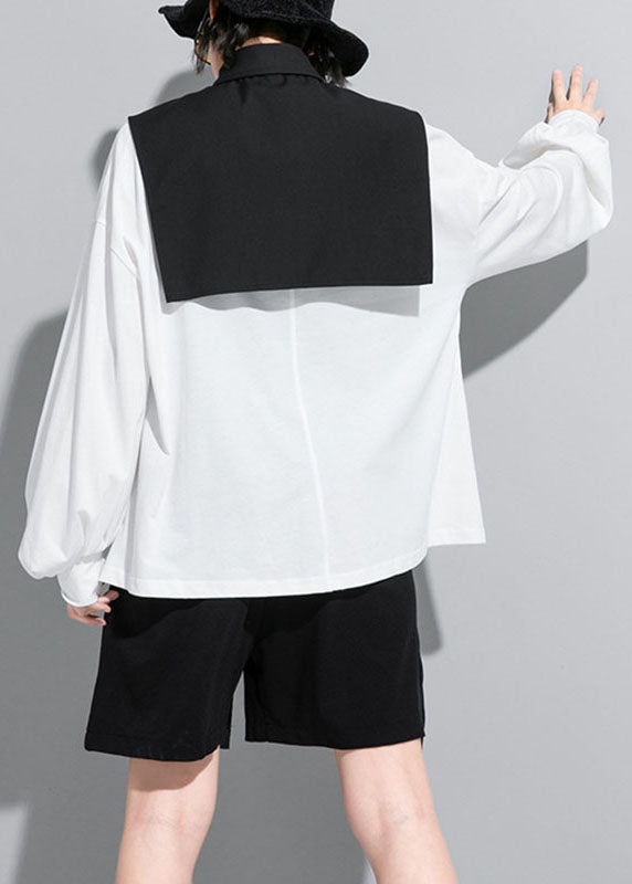 Modern White Lantern Sleeve Patchwork Peterpan Collar Fall Shirt Top