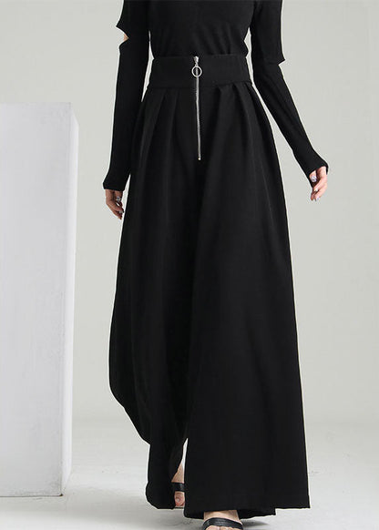 Black Zip Up Pockets Cotton Wide Leg Pants Spring