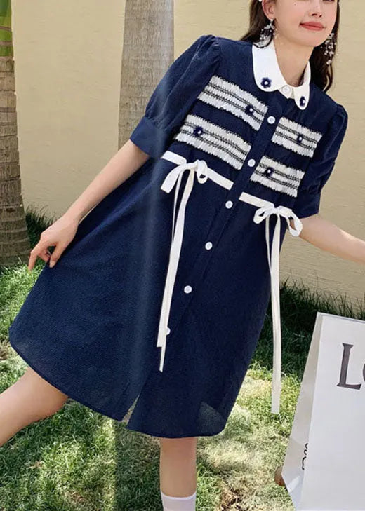 Navy Bow Button Patchwork Nail Bead Fall Short Sleeve Dresses