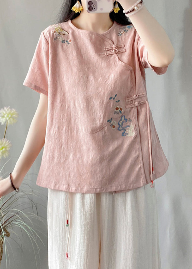 Pink Embroideried Chinese Button Patchwork Linen Top Summer