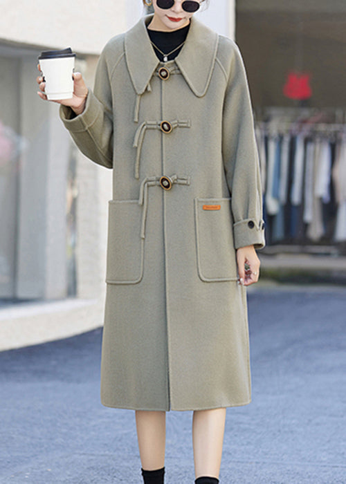 Light Green Button Pockets Patchwork Cashmere Coats Fall
