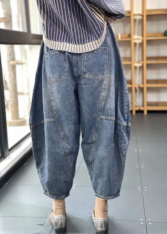 Blue Elastic Waist Pockets Patchwork Cotton Denim Loose Harem Pants Summer