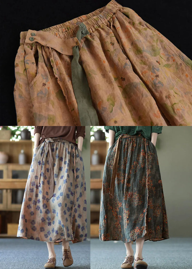 Yellow Pockets Print Linen a Line Skirts Summer