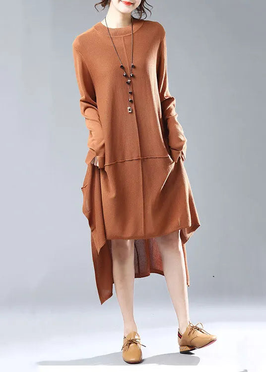 Simple Caramel O Neck Low High Design Patchwork Knit Knitwear Dress Spring