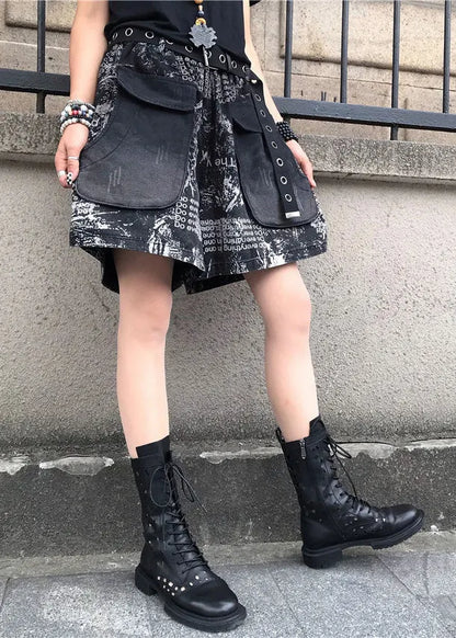 Print Patchwork High Waist Sashes Denim Shorts Spring