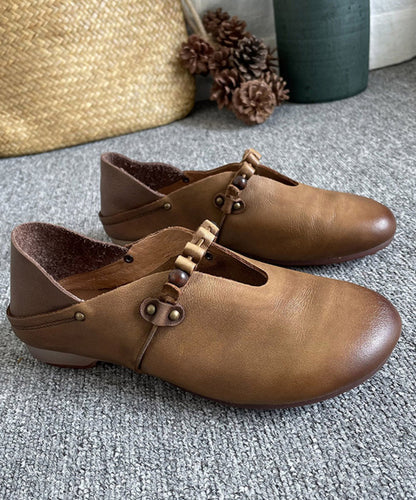 Khaki Genuine Leather Splicing Cross Strap Flat Shoes
