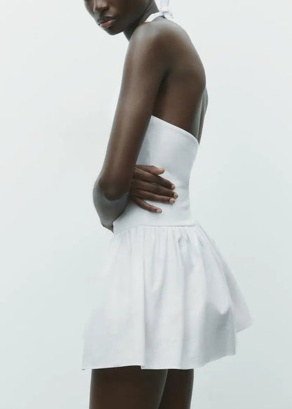 White Wrinkled Cotton Mini Dress Backless Summer
