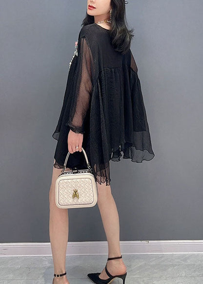 Black O Neck Wrinkled Patchwork Tulle Top Spring