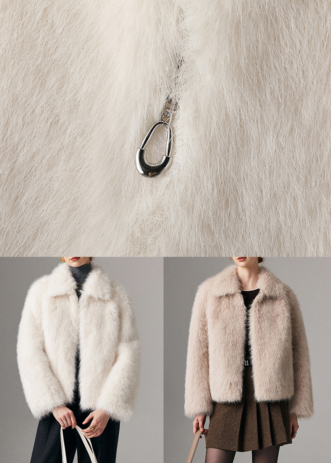 Beige Zippered Pockets Leather and Fur Winter Coat Peter Pan Collar