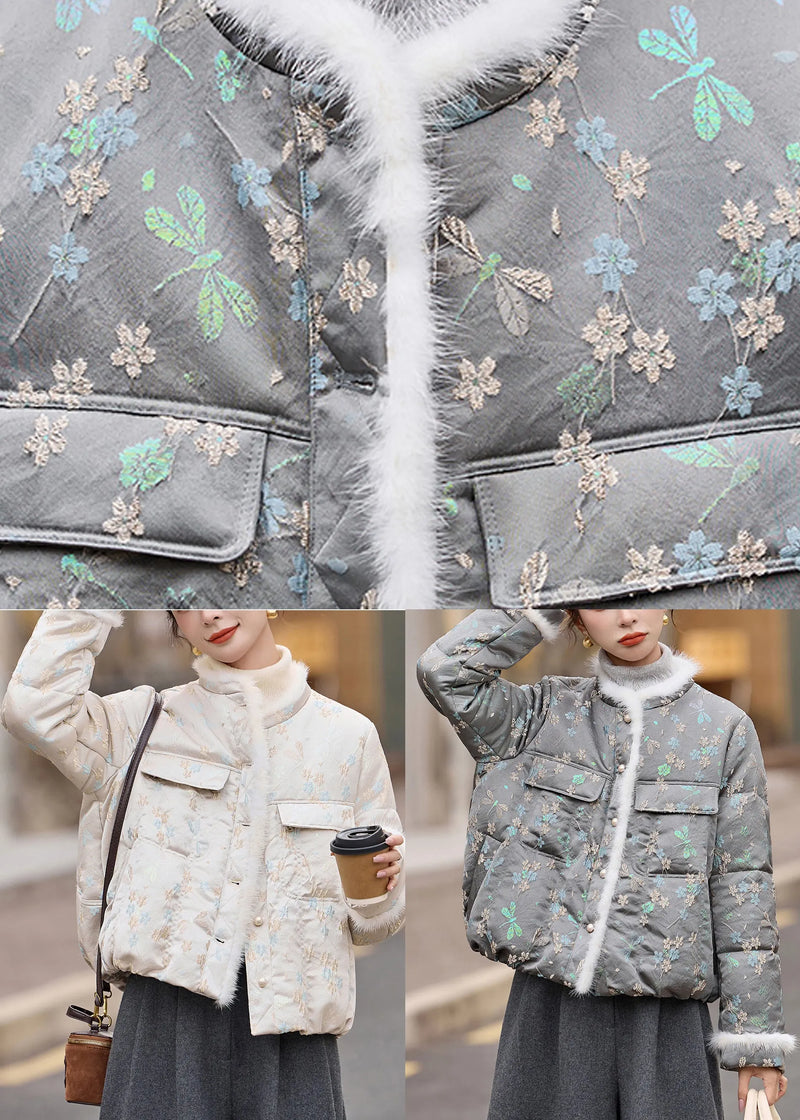 Grey O Neck Jacquard Duck Down Winter Coats