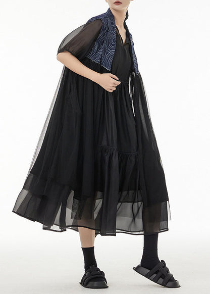 Blue Oversized Denim Patchwork Chiffon Cardigans Sleeveless
