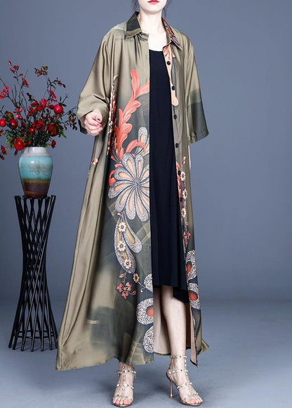 Loose Green Print Spring Long Sleeve Long Loose Coat