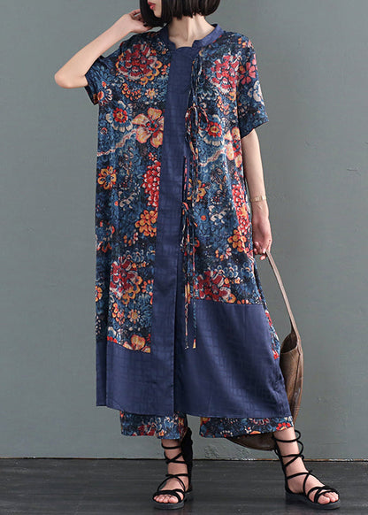 Blue Print Patchwork Lace Up Silk Two Pieces Set Fall
