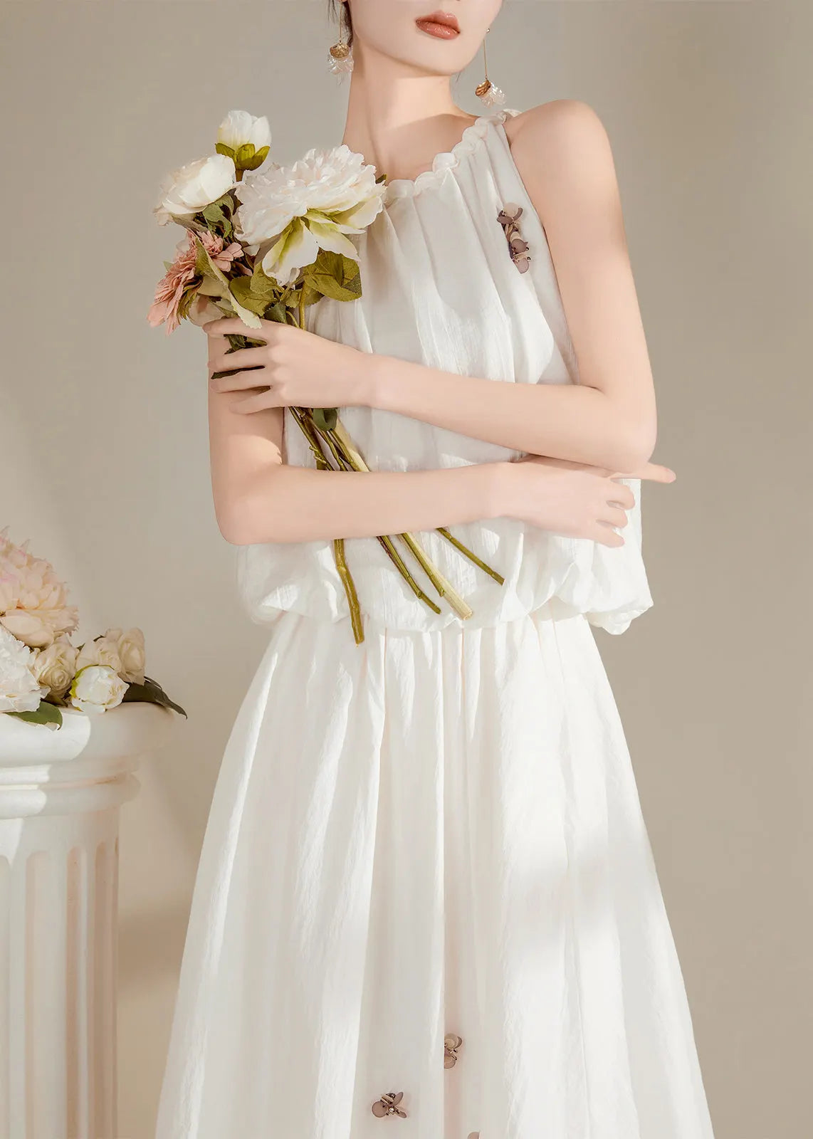 White O-neck Top and Maxi Skirts Two Pieces Set Summer