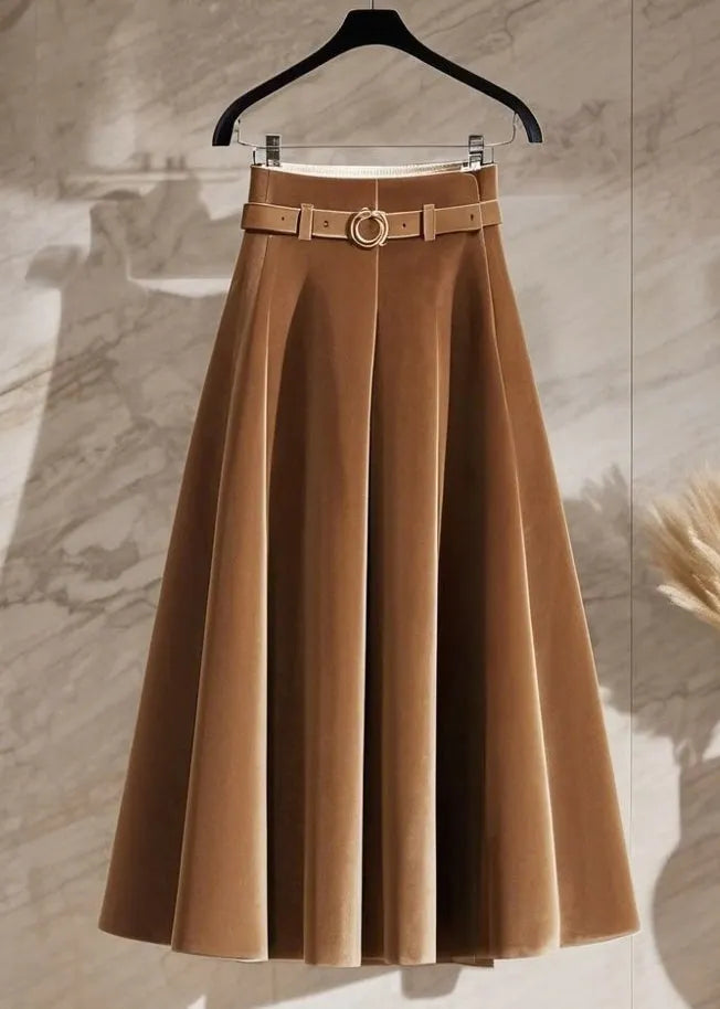 New Coffee High Waist Silk Velvet Skirts Spring