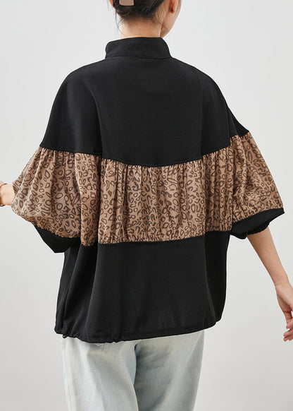 Classy Black Oversized Patchwork Leopard Cotton Sweatshirt Spring