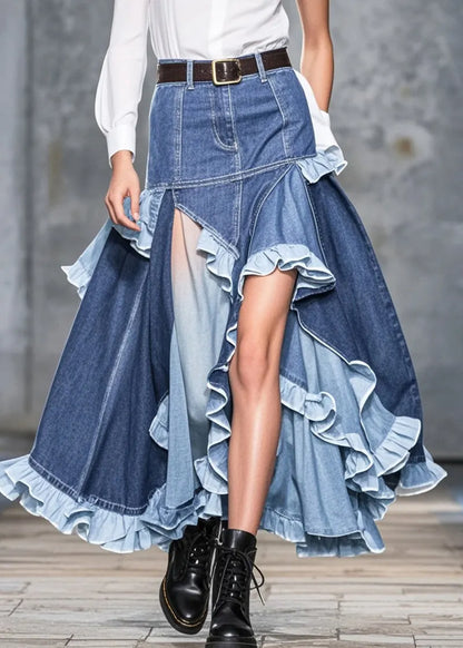 Blue Ruffled Patchwork Low High Design Denim Skirts Spring