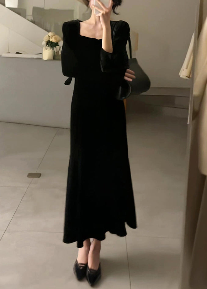 Slim Fit Black Square Collar Silk Velour Long Dresses Long Sleeve