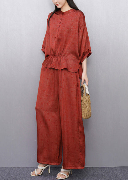 French Red Dot Tops and Wide Leg Pants Cotton Two Pieces Set Half Sleeve