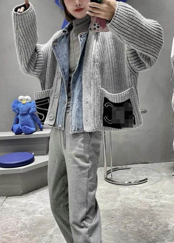 Grey Denim Patchwork Pockets Button Fall Sweater Coat