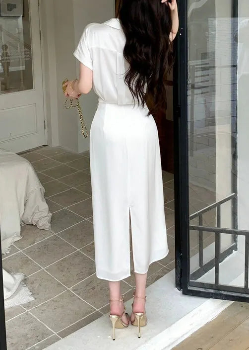 French White Peter Pan Collar Side Open Silk Long Dresses Summer