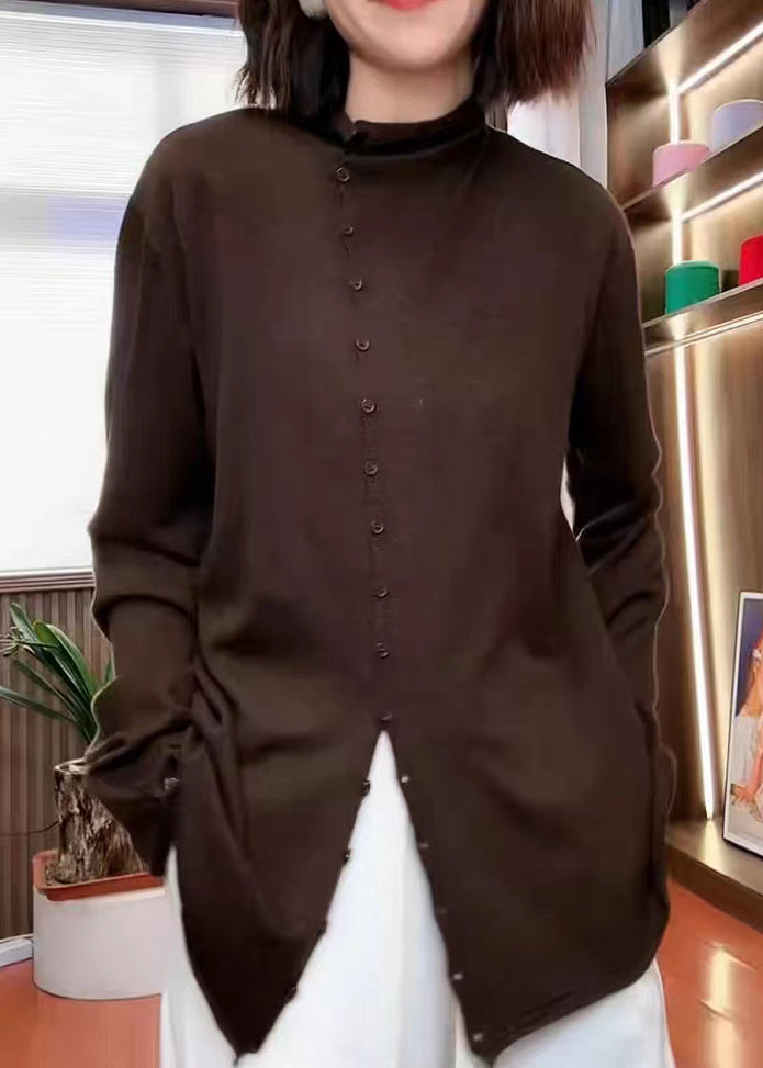 Coffee Stand Collar Button Patchwork Knit Sweaters Fall