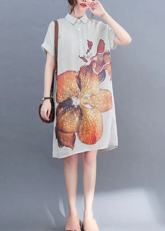 Natural White Peterpan Collar Button Print Summer Short Sleeve Dress
