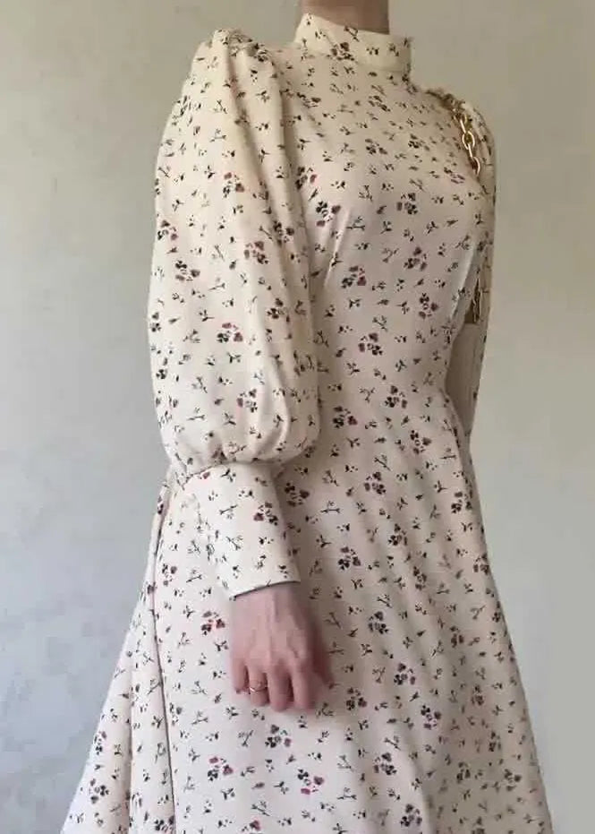Autumn Apricot Lace Up Stand Collar Print Chiffon Dress