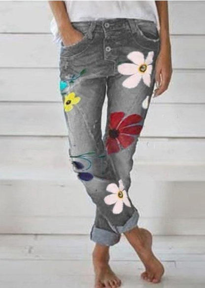 Flower Print Button Denim Long Jeans for