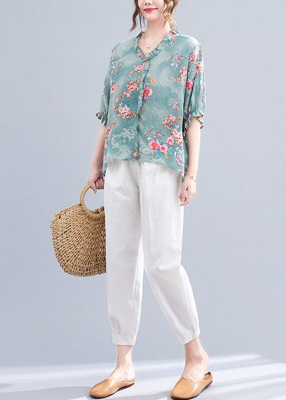 Blue V Neck Ruffled Print Cotton Tops and Harem Pants Two Pieces Set Summer