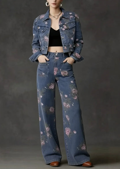 French Peter Pan Collar Print Pockets Denim Two Piece Suit Set Spring