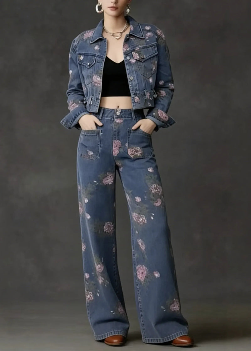 French Peter Pan Collar Print Pockets Denim Two Piece Suit Set Spring