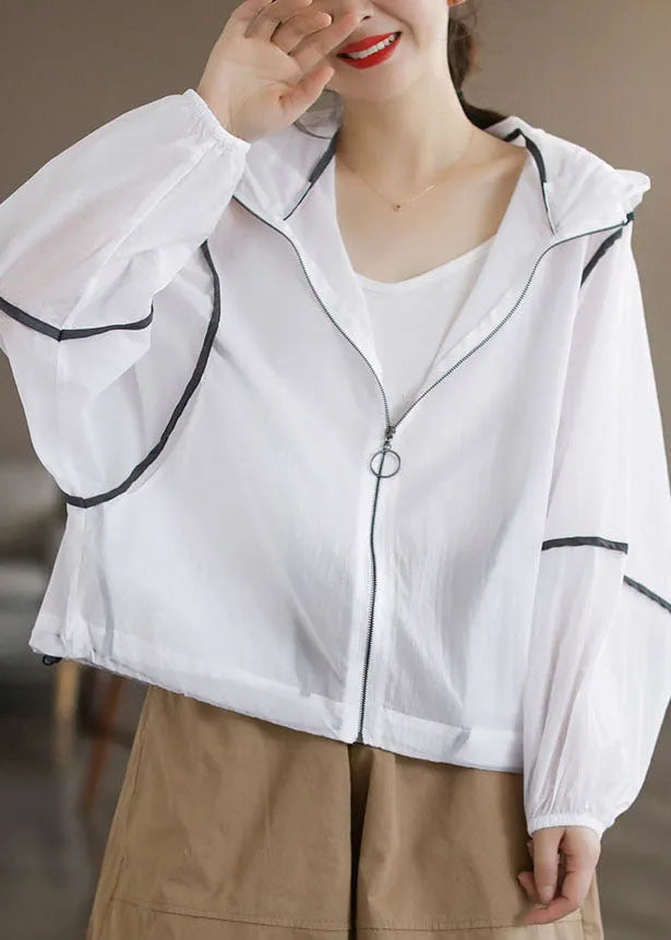 Style White Hooded Zippered Cotton Upf 50+ Coat Jacket Long Sleeve