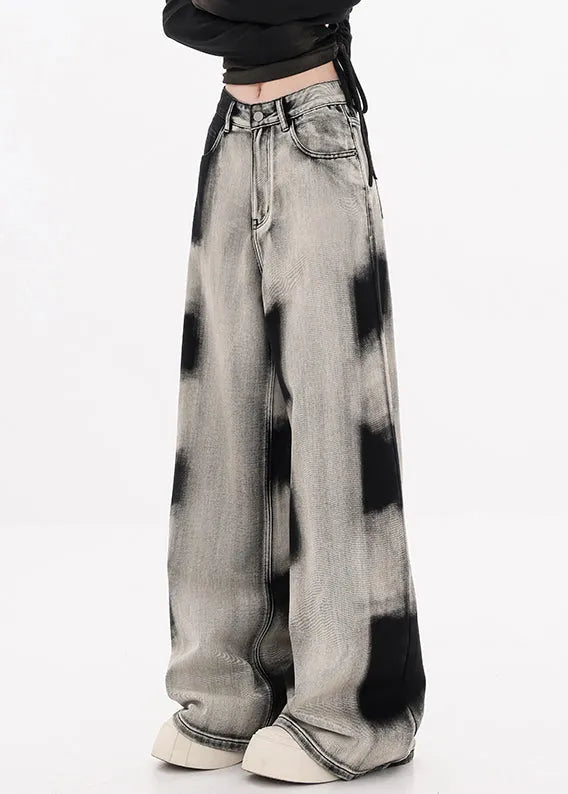 Modern Black Tie Dye Pockets Denim Wide Leg Pants Fall