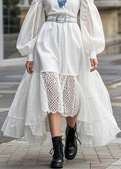 White Cinched Patchwork Hollow Out Cotton Dress Spring