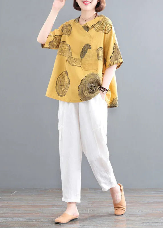 Retro Yellow O-neck Print Top and Crop Pants Two Pieces Set Summer