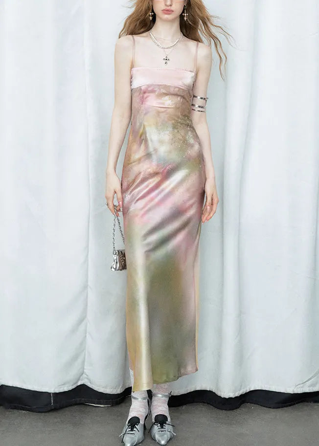 Gradient Color Side Open Silk Spaghetti Strap Dress Cold Shoulder Summer