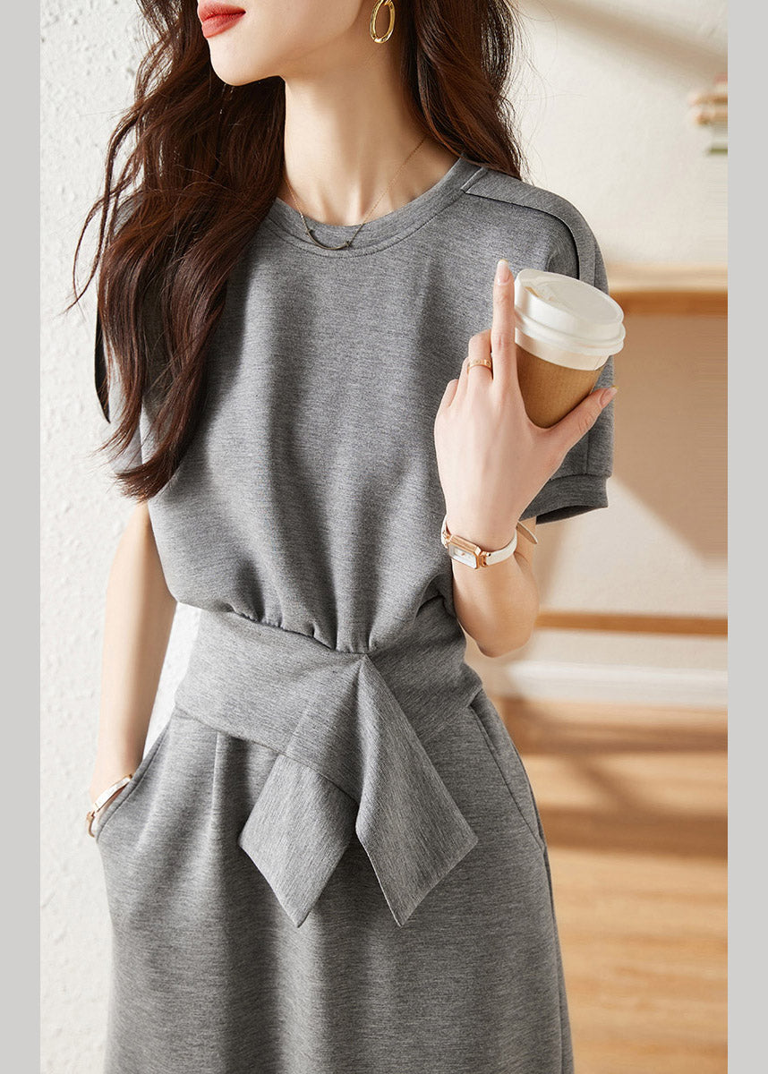 Grey O-neck Top and Skirts Two Piece Set Short Sleeve