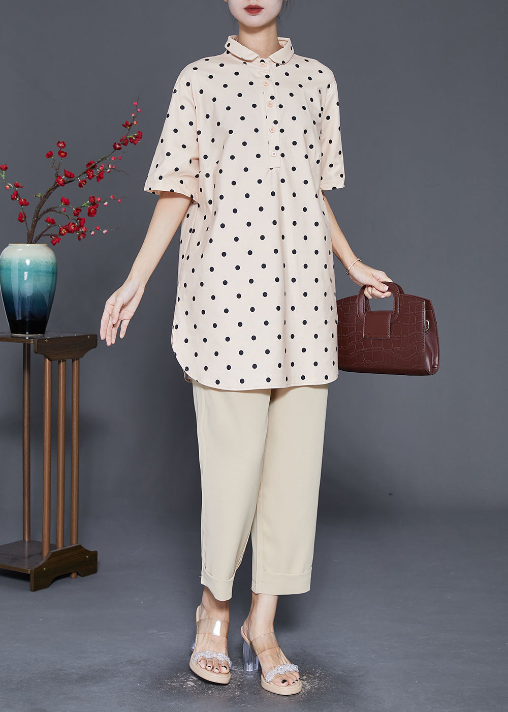 Khaki Oversized Dot Print Two Piece Set Clothing Fall