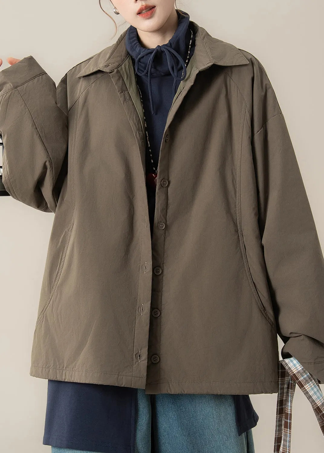 Khaki Brown Button Drawstring Cotton Filled Coats Peter Pan Collar