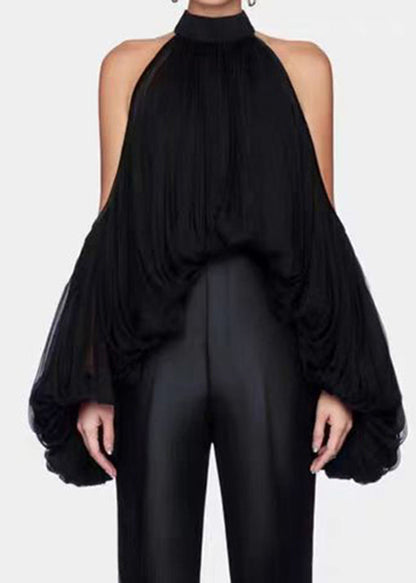 Style Yellow Cold Shoulder Wrinkled Chiffon Shirt Top Lantern Sleeve